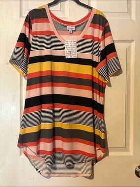 LuLaRoe Iris Short-Sleeve V-Neck Top in Pink, Black, Yellow & Coral Stripes